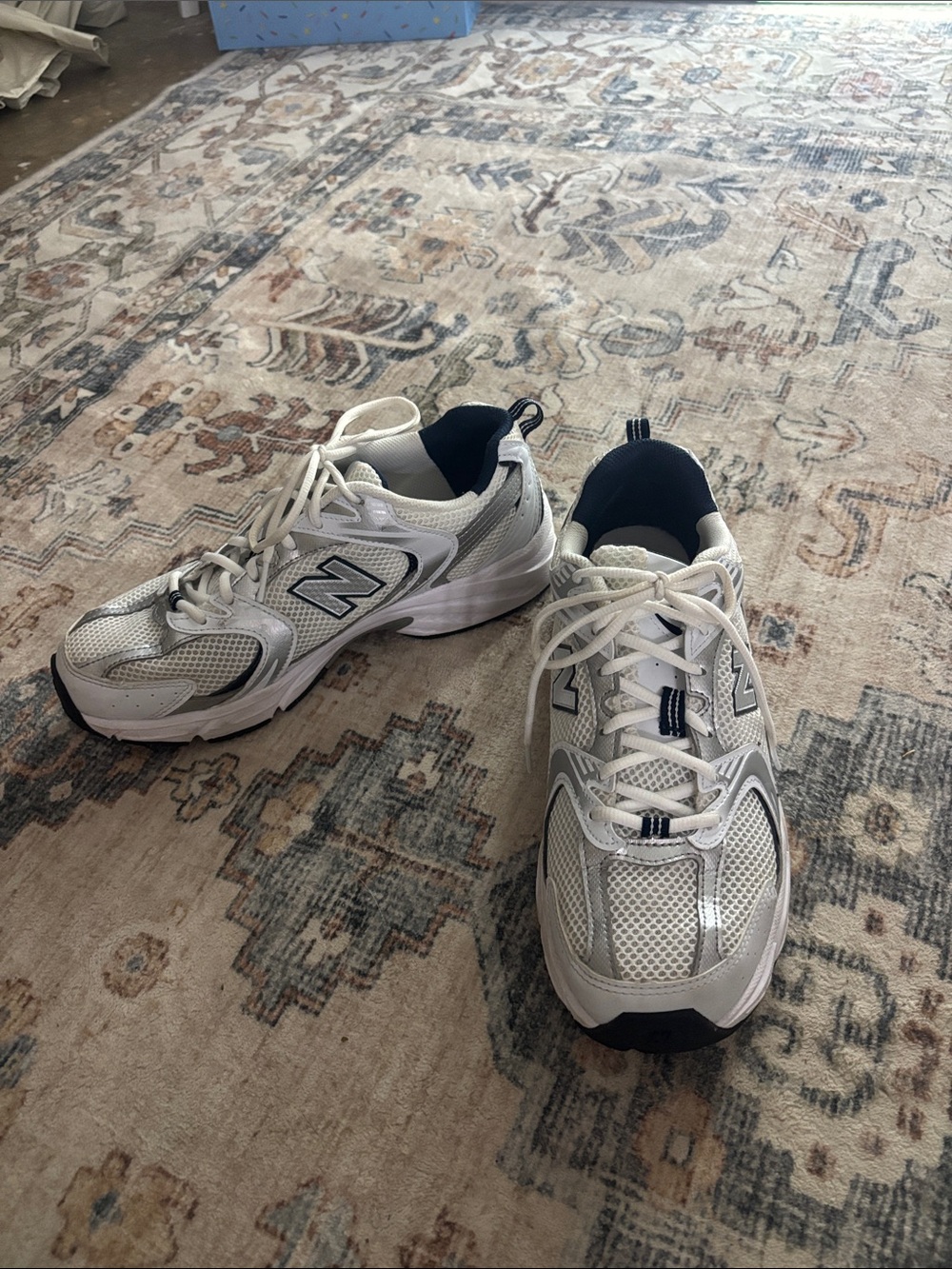 New Balance White Silver & Navy Running Sneakers